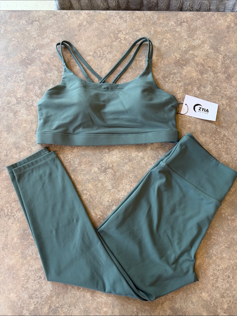 Zyia Sage Green Double-Strap Sports Bra and matching leggings set